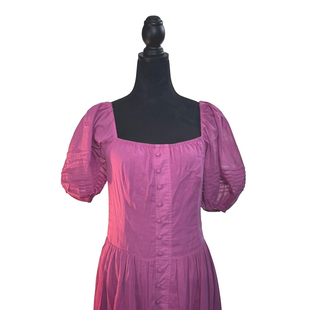 Skunk Brazil Magenta Cotton Puff Sleeve Button Front Tiered‎ Maxi Dress Size 38 - Picture 2 of 14